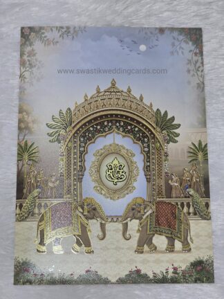 Wedding Invitation folder card with a royal palace background and traditional elephant motifs and a central Ganesha emblem and floral print with cover.