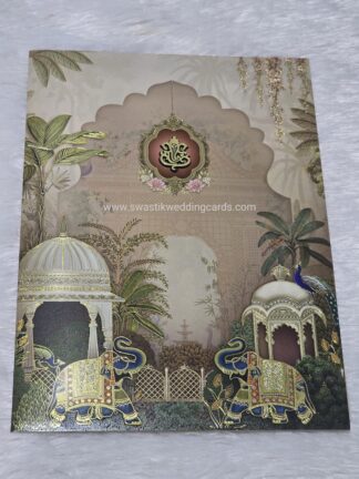 Wedding Invitation folder card with a Pichwai background and traditional elephant motifs and a central Ganesha emblem and floral print with cover.