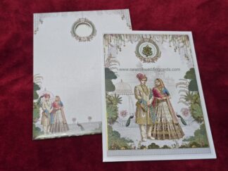 Wedding invitation folder card with traditional design of bride and groom (Generic Image) and window style envelope.