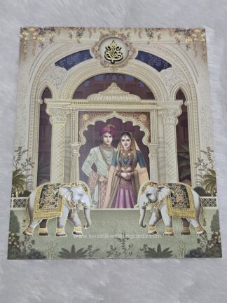 Wedding invitation folder card with traditional design of bride and groom (Generic Image) and window style envelope.
