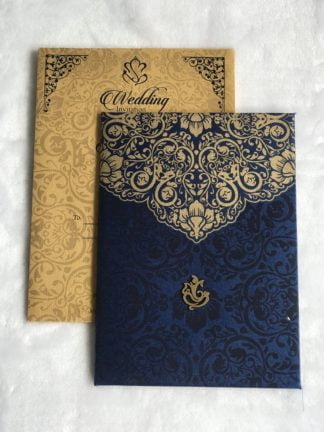 Wedding card made of blue cloth satin paper and bag type cover