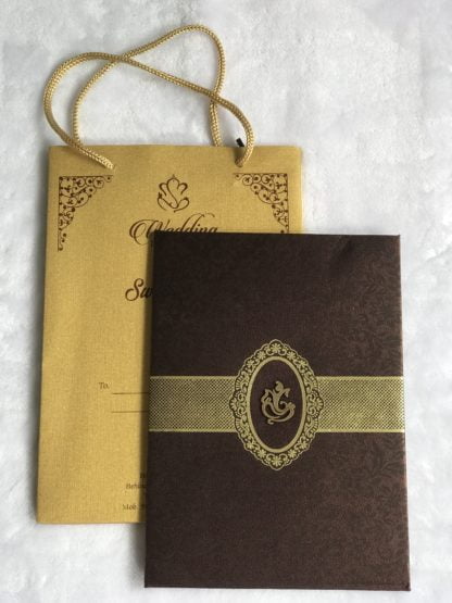 Wedding card made of brown cloth satin paper and bag type cover