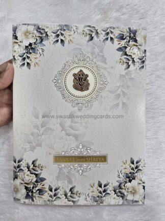 Floral design in folder style wedding invitation card with  Box cover and Name Plate.