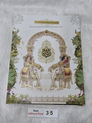 Floral design theme wedding invitation card with traditional bride and groom on elephant images and box style cover.