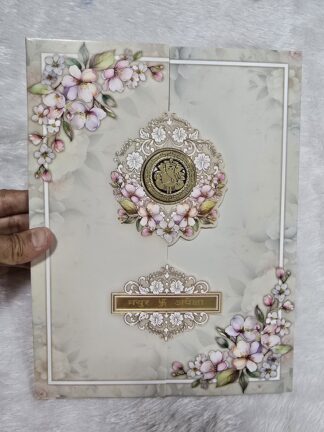 Floral design and door style opening wedding invitation card with box cover and acrylic name plate.