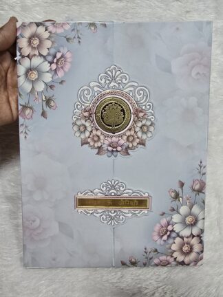 Floral design and door style opening wedding invitation card with box cover and acrylic name plate.