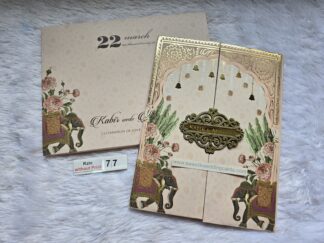 Hardbound door style opening wedding invitation card with elephant print and acrylic name plate with Box cover and 2 inserts.