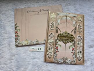Hardbound wedding invitation card with door style opening and floral print.It had a acrylic name plate with plastic pannel along with Box cover and 2 inserts.