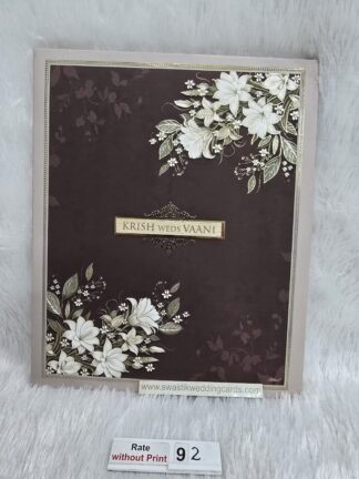 Hardbound floral design wedding invitation card with gold UV foil and velvet lamination on card and wooden name plate.