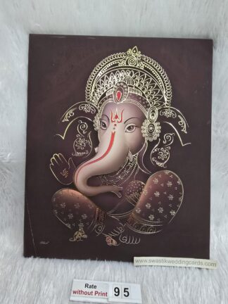 Hardbound simple and elegant Ganeshji design wedding invitation card with gold UV foil work and velvet lamination on card.