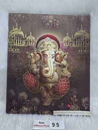 Hardbound simple and elegant Ganeshji design wedding invitation card with gold UV foil work and velvet lamination on card.
