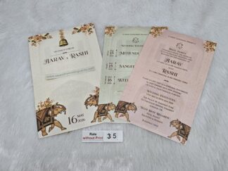 Jacket style traditional wedding invitationcard with  elephant design printed  on mettalic paper  with 2 inserts.