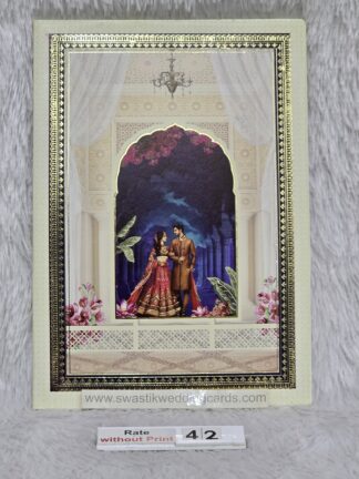 Hardbound wedding invitation card with traditional generic image of bride and groom with 2 inserts.