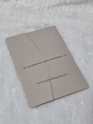 Premium quality matt finished card with 3 fold style and a paper strap and 2 mettalic inserts and box cover.