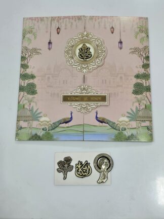 Pichwai theme design with peacock print in door style opening folder wedding Invitation with cover.