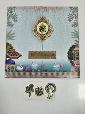 Pichwai theme design with peacock print in door style opening folder wedding Invitation with cover.
