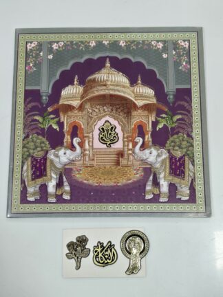 Traditional folder style wedding Invitation card with elephant images printed on it and Ganesh logo.