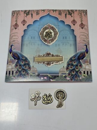 Pichwai theme design with peacock print in door style opening folder wedding Invitation with cover.