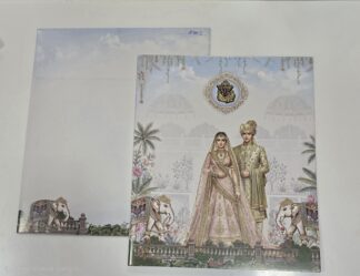 Traditional folder style wedding Invitation card with generic bride and groom image.