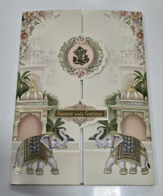 Traditional folder door style opening wedding invitation card with elephant print  golden acrylic name plate and box cover.