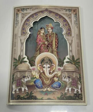 Folder style 3 fold wedding invitation card with Ganesh print and generic couple image along with 2 inserts and box cover .