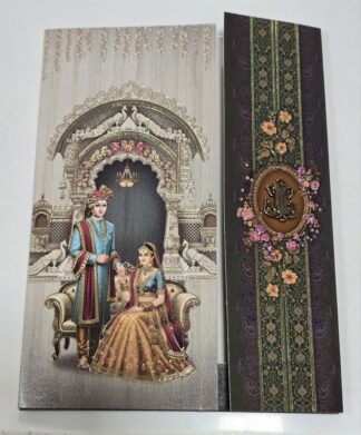 Traditional theme door style opening wedding invitation card with generic image of bride and groom witg Ganeshji sticker and box cover.