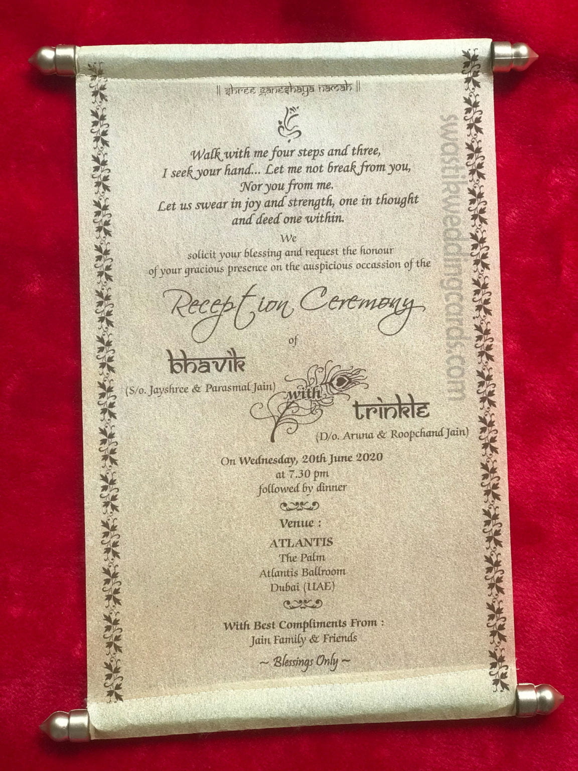 Golden scroll box with thread and scroll - Swastik Cards