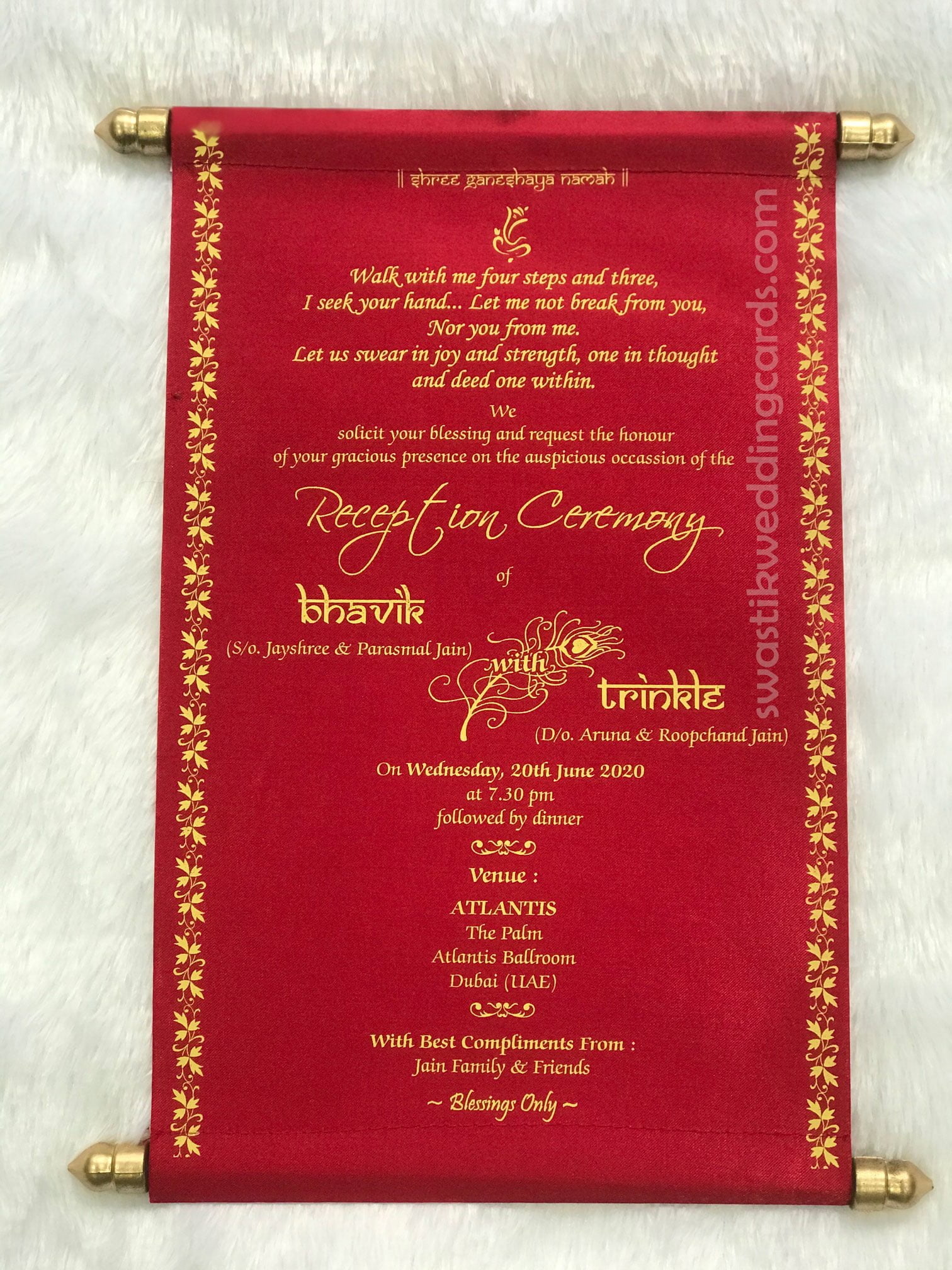 Satin(silk type material) scroll invitation and wedding card - Swastik Cards