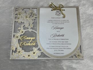 Mdf floral frame wedding invitation card with laser cutting names of bride and groom with 2 inserts