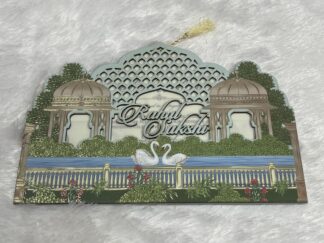 Mdf floral frame wedding invitation card with laser cutting names of bride and groom with 2 inserts and butter paper