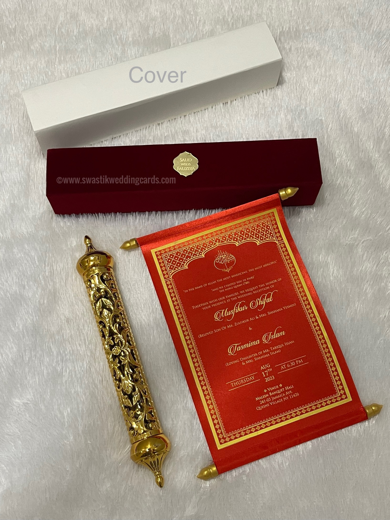 custom made and custom printed scroll invitations with boxes and