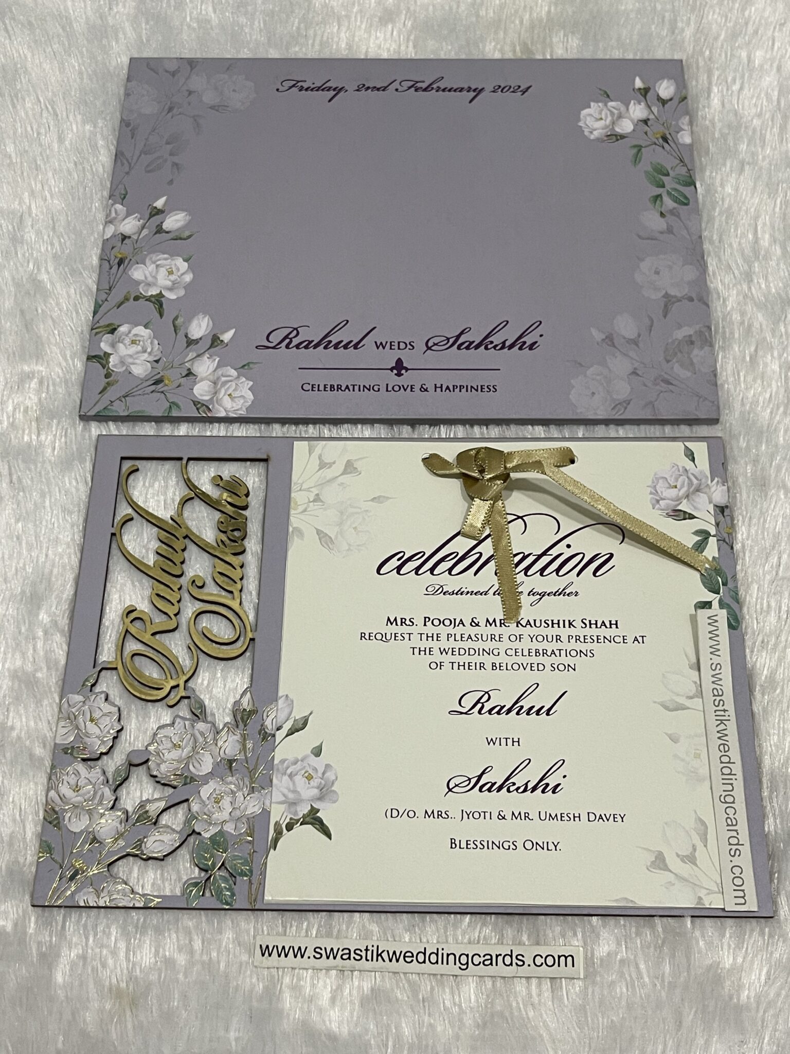 Mdf floral frame wedding invitation card with gold laser cutting names ...