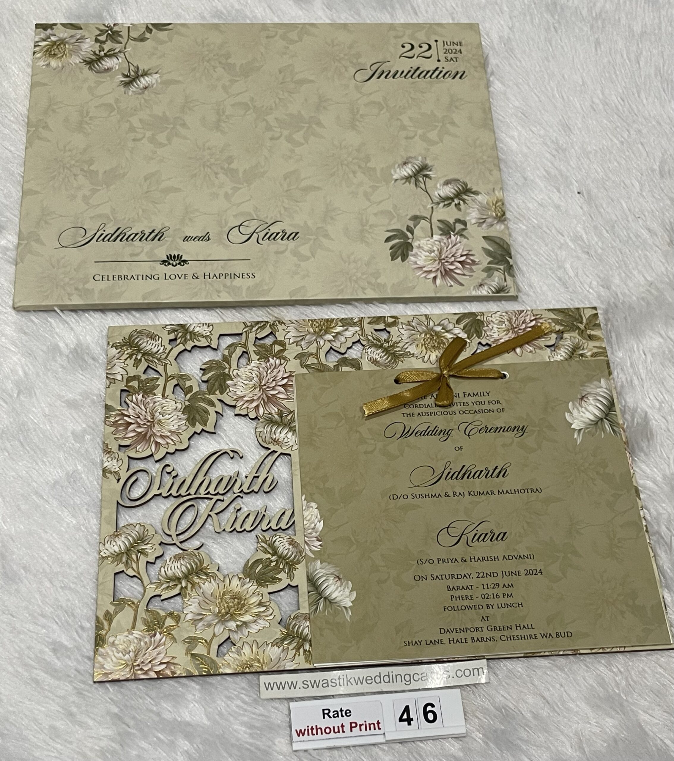 Mdf floral frame wedding invitation card with laser cutting names of ...